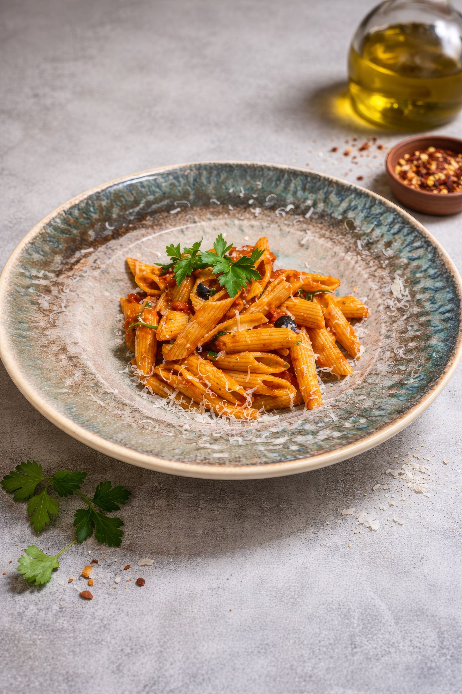 Penne all’arrabbiata, piment et basilic